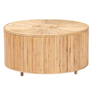 Pemberly Row Light Honey Rattan Round Coffee Table with Geometric Detail