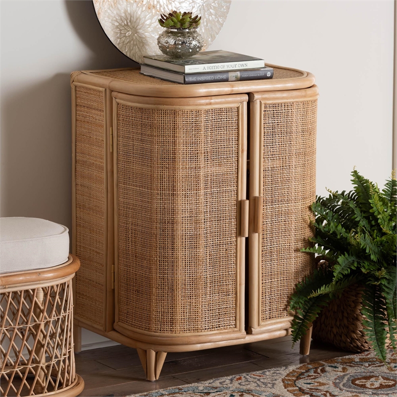 Pemberly Row Natural Rattan Storage Cabinet with Webbed Embellishments