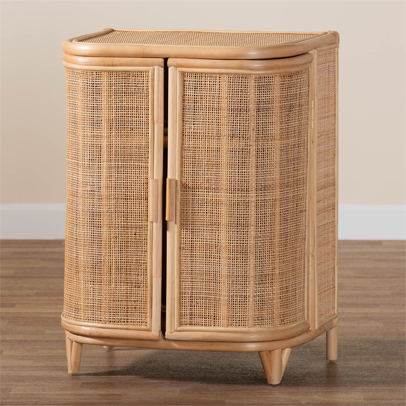 Pemberly Row Natural Rattan Storage Cabinet with Webbed Embellishments