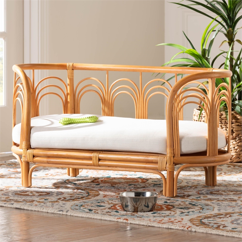 Pemberly Row Light Honey Rattan Pet Bed with Removable Cushion