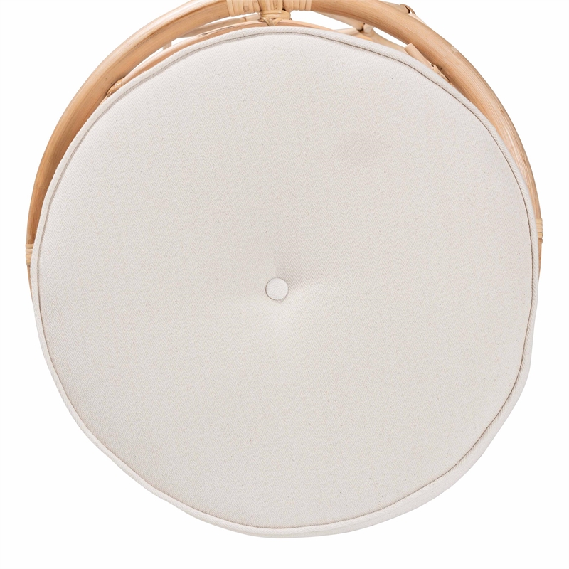 Pemberly Row Natural Rattan Round Ottoman Footstool with Cushion