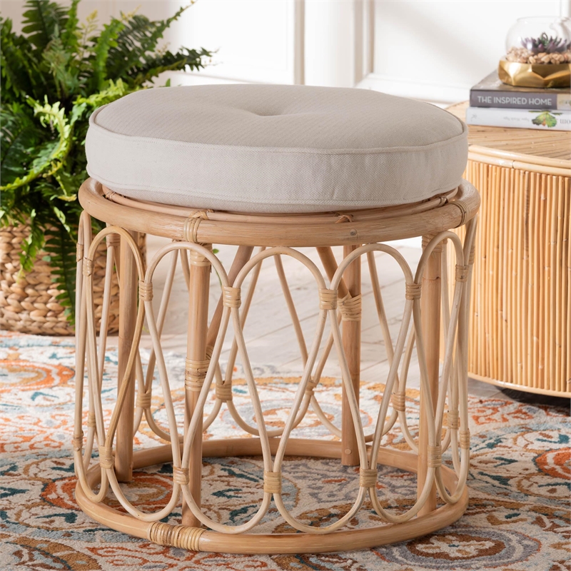 Pemberly Row Natural Rattan Round Ottoman Footstool with Cushion
