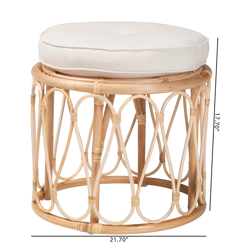 Pemberly Row Natural Rattan Round Ottoman Footstool with Cushion