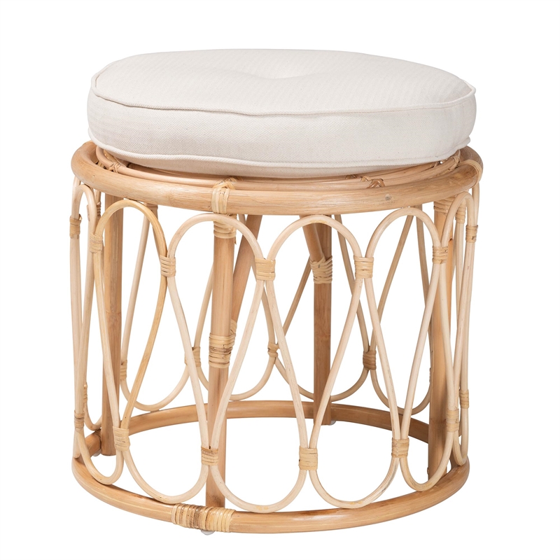 Pemberly Row Natural Rattan Round Ottoman Footstool with Cushion