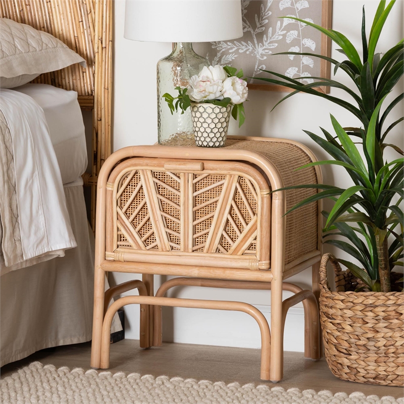 Pemberly Row Natural Rattan 1-Drawer Nightstand with Geometric Detail