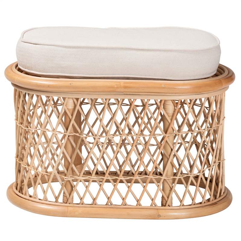 Pemberly Row Natural Rattan Oval Ottoman Footstool with Cushion