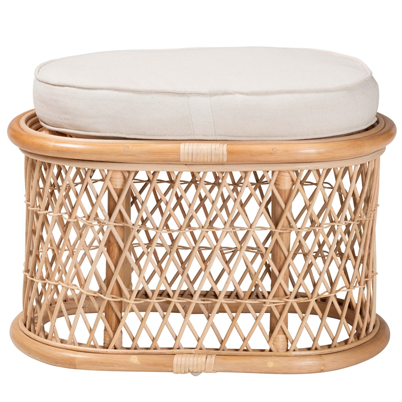 Pemberly Row Natural Rattan Oval Ottoman Footstool with Cushion