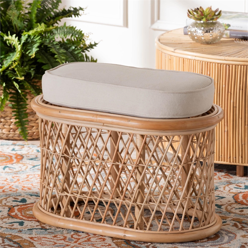 Pemberly Row Natural Rattan Oval Ottoman Footstool with Cushion