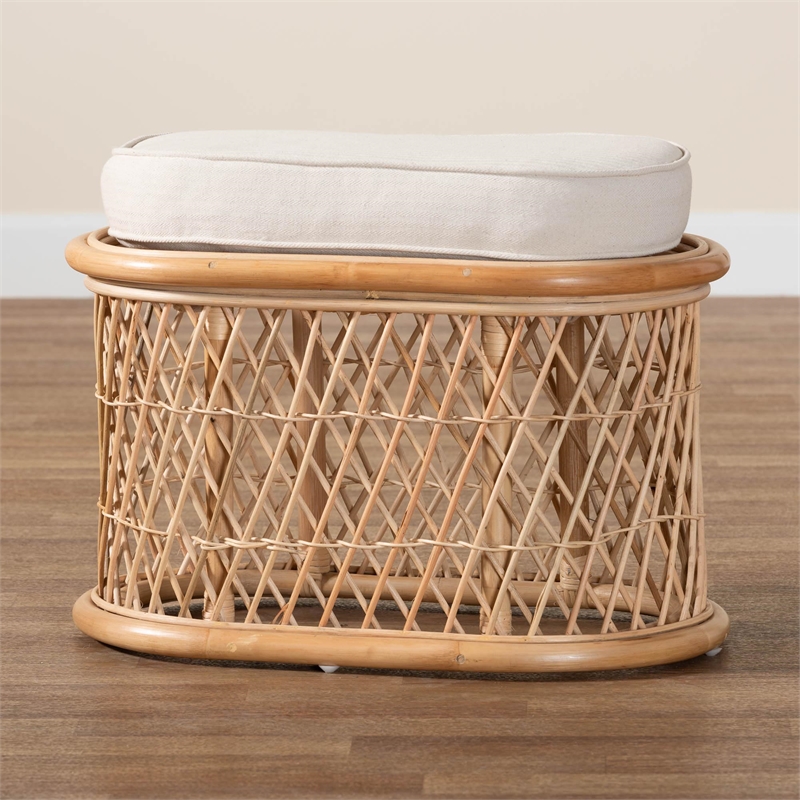 Pemberly Row Natural Rattan Oval Ottoman Footstool with Cushion