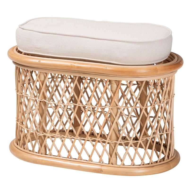 Pemberly Row Natural Rattan Oval Ottoman Footstool with Cushion