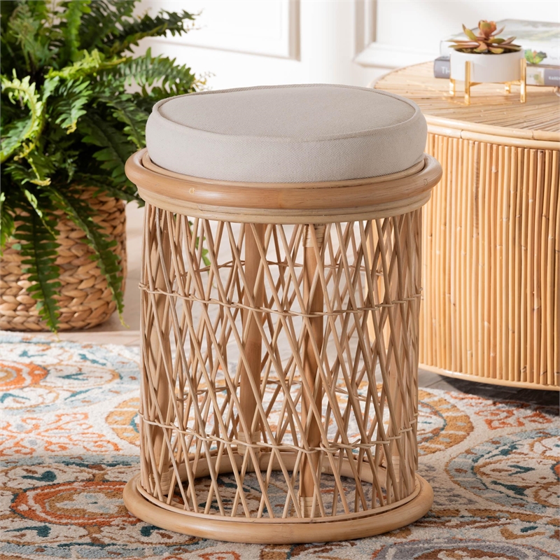 Pemberly Row Natural Rattan Round Ottoman Footstool with Openwork Design