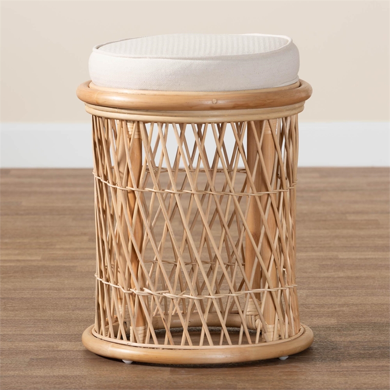 Pemberly Row Natural Rattan Round Ottoman Footstool with Openwork Design
