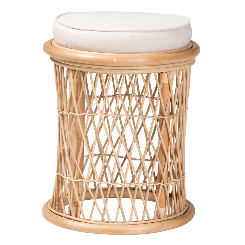 Pemberly Row Natural Rattan Round Ottoman Footstool with Openwork Design
