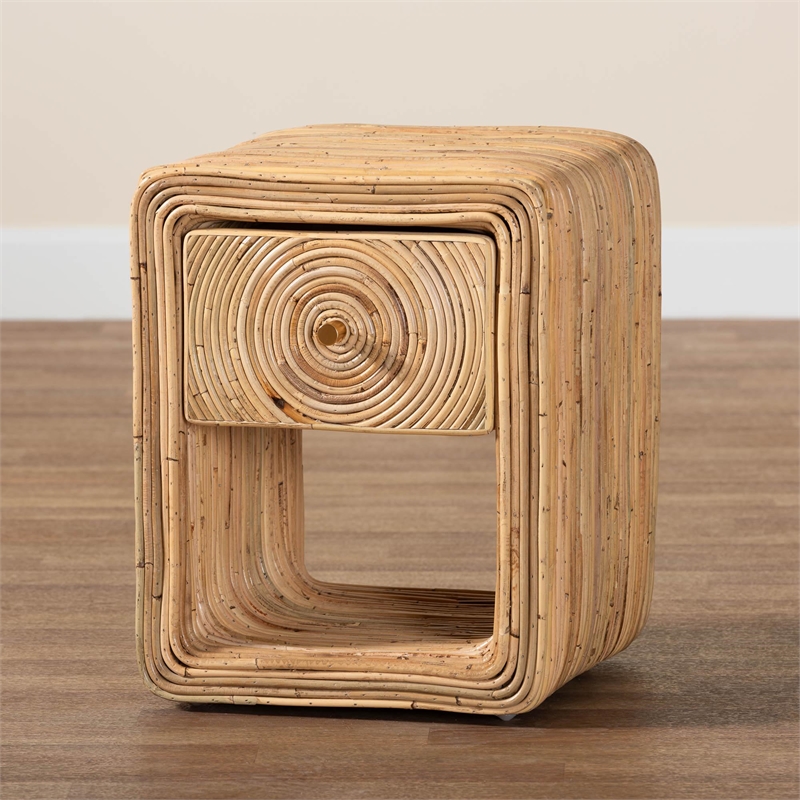 Pemberly Row Natural Rattan 1-Drawer Nightstand with Open Shelf