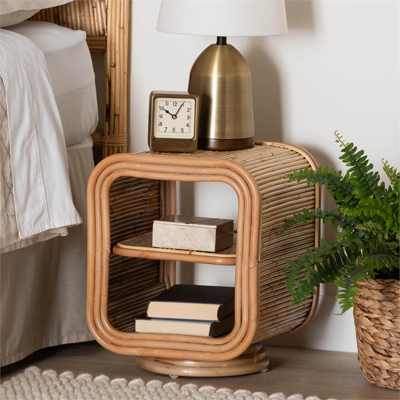 Pemberly Row Natural Rattan 2-Shelf Nightstand with Pedestal Base