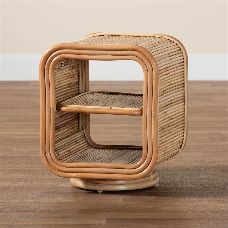 Pemberly Row Natural Rattan 2-Shelf Nightstand with Pedestal Base