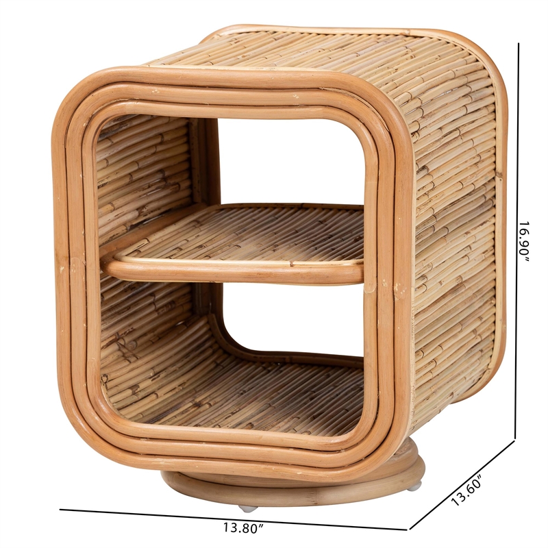 Pemberly Row Natural Rattan 2-Shelf Nightstand with Pedestal Base