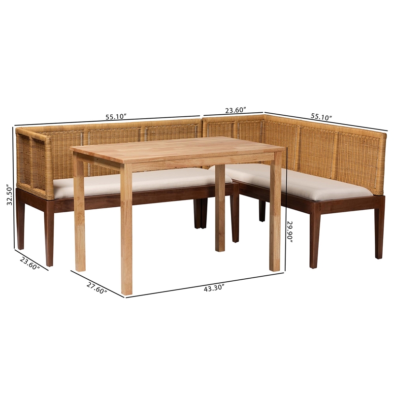 Pemberly Row Brown Rattan and Acacia Wood 3-Piece Dining Nook Set