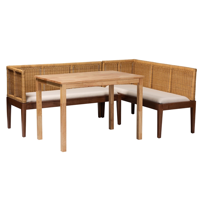 Pemberly Row Brown Rattan and Acacia Wood 3-Piece Dining Nook Set