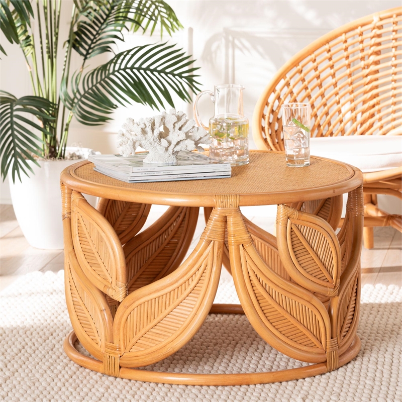 Pemberly Row Natural Rattan Round Coffee Table with Floral Openwork