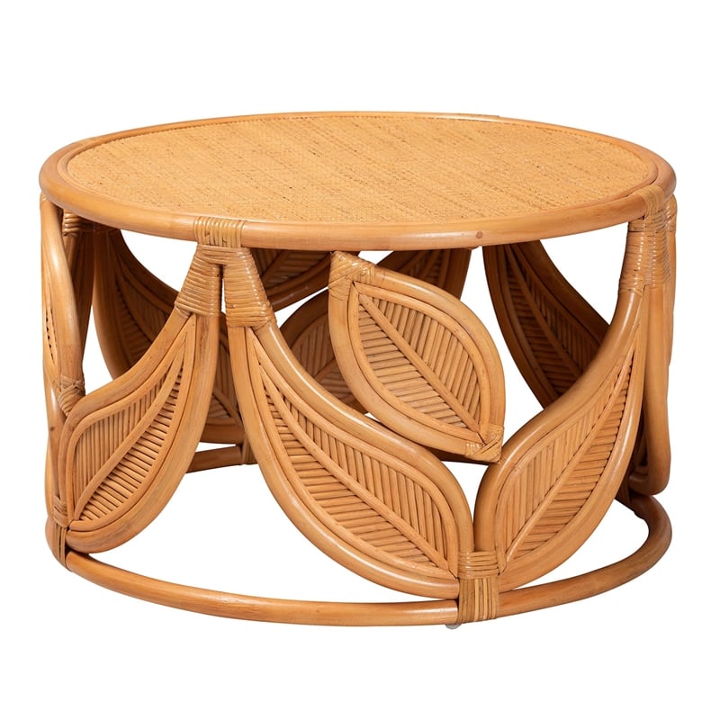 Pemberly Row Natural Rattan Round Coffee Table with Floral Openwork