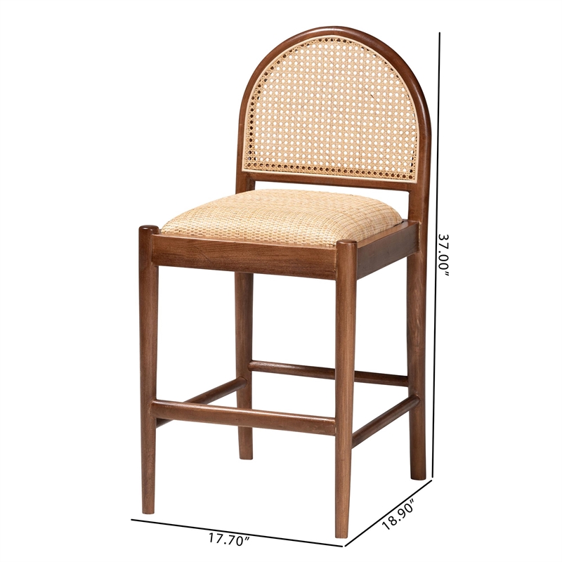 Pemberly Row Natural Rattan and Acacia Wood Counter Stool with Footrest