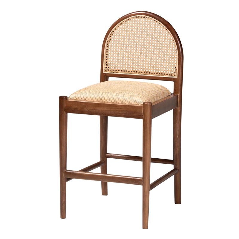 Pemberly Row Natural Rattan and Acacia Wood Counter Stool with Footrest