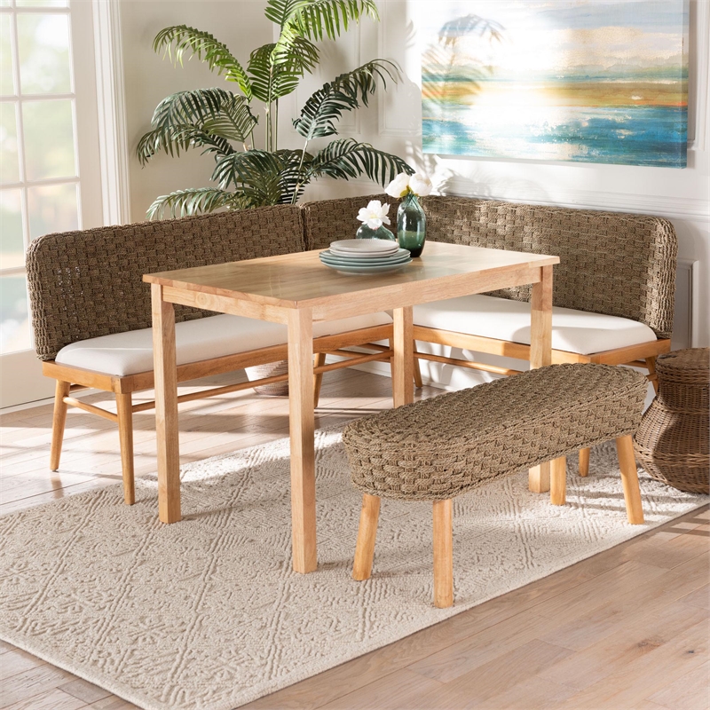 Pemberly Row Natural Seagrass and Acacia Wood 4-Piece Dining Nook Set