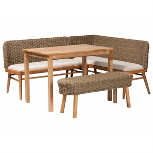 Pemberly Row Natural Seagrass and Acacia Wood 4-Piece Dining Nook Set
