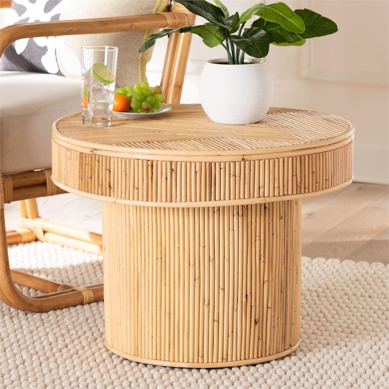 Pemberly Row Natural Rattan Round End Table with Pillar Base