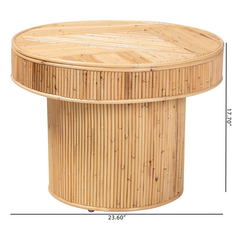 Pemberly Row Natural Rattan Round End Table with Pillar Base
