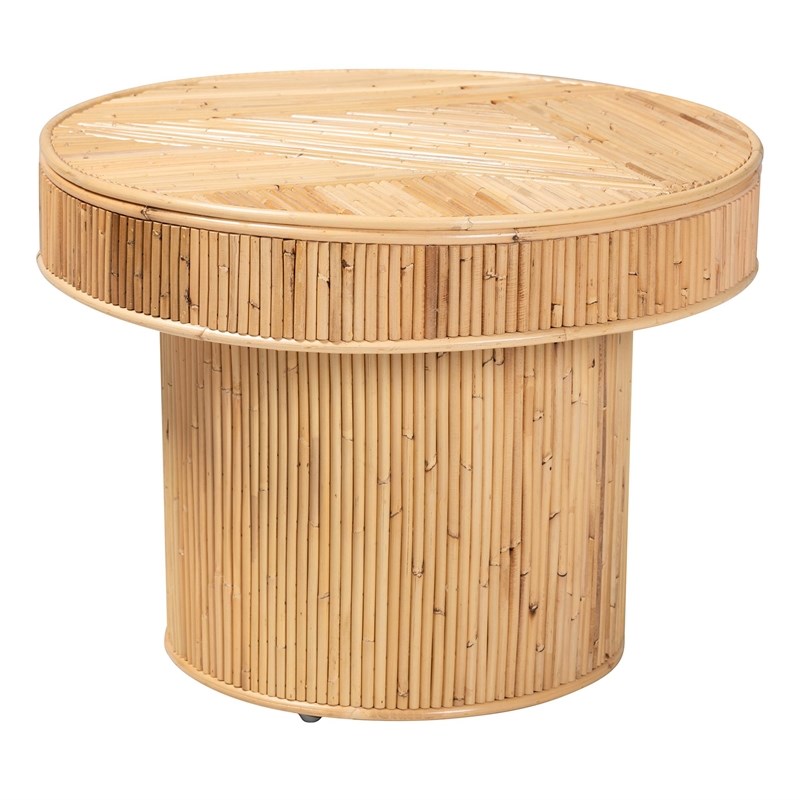 Pemberly Row Natural Rattan Round End Table with Pillar Base