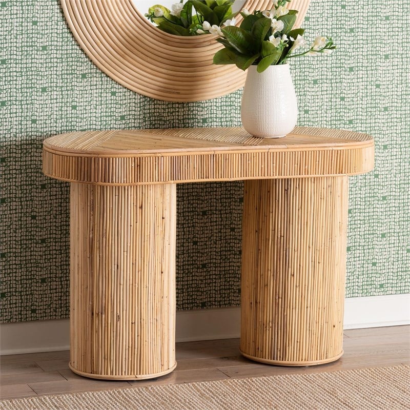 Pemberly Row Natural Rattan Oval Console Table with Dual-Pillar Base