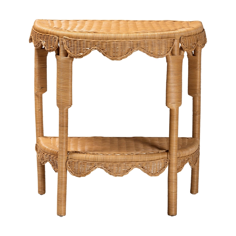 Pemberly Row Light Honey Rattan Half-Moon Console Table with Shelf