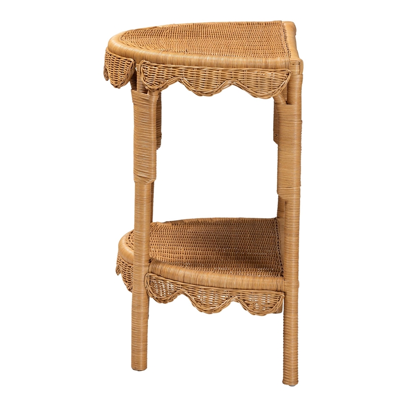 Pemberly Row Light Honey Rattan Half-Moon Console Table with Shelf