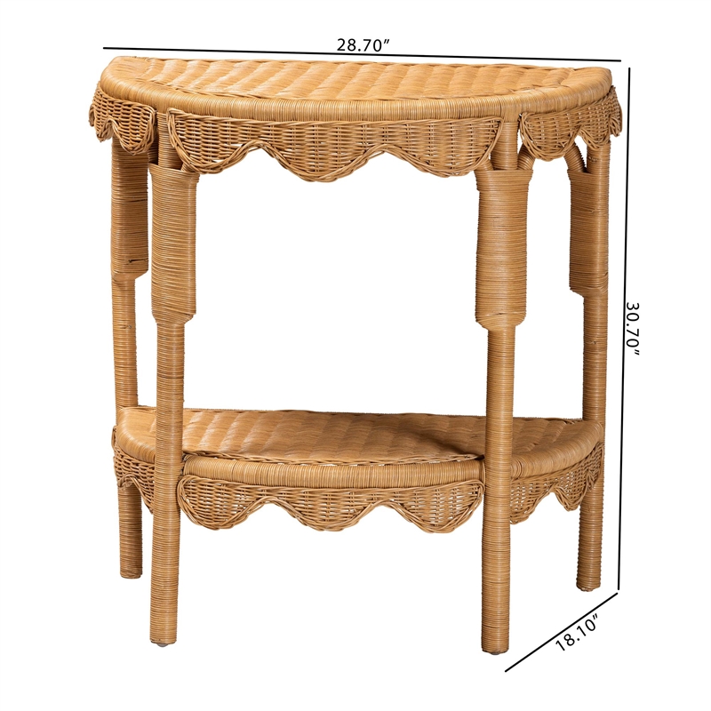 Pemberly Row Light Honey Rattan Half-Moon Console Table with Shelf
