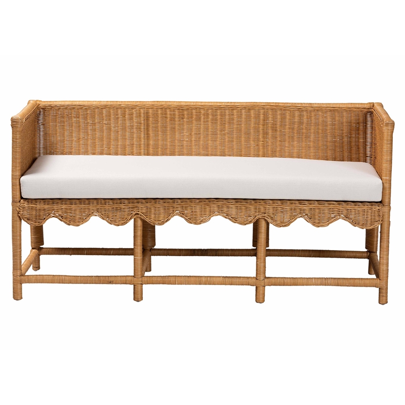 Pemberly Row Light Honey Rattan Scalloped Accent Bench with Cushion