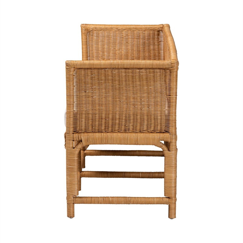 Pemberly Row Light Honey Rattan Scalloped Accent Bench with Cushion