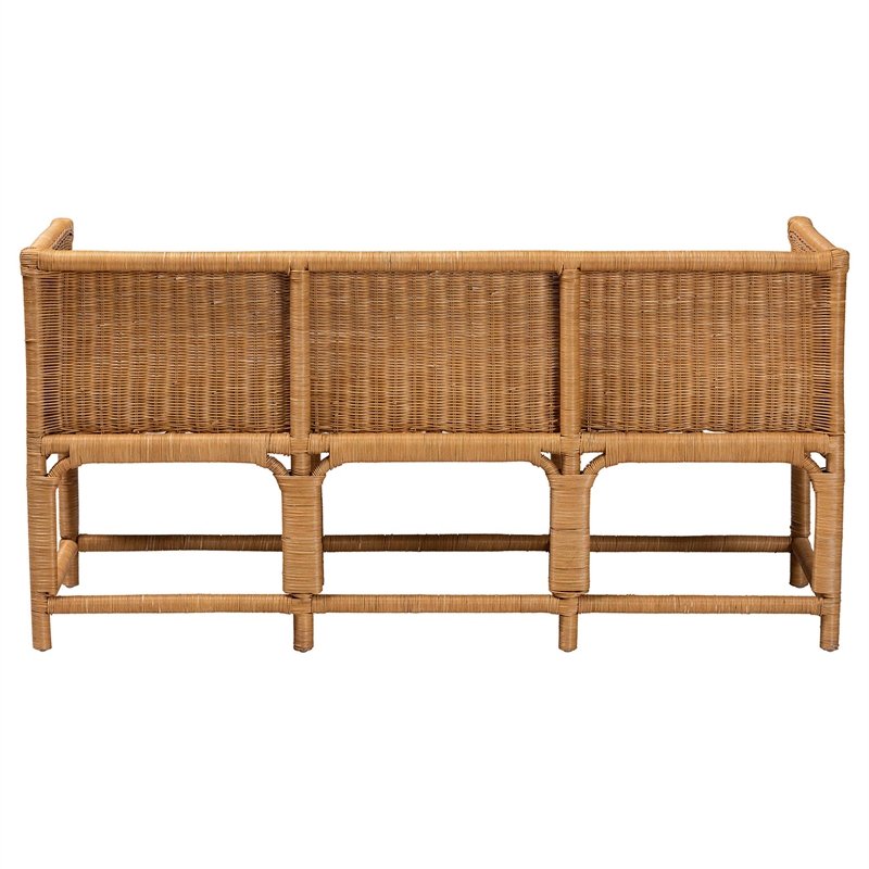 Pemberly Row Light Honey Rattan Scalloped Accent Bench with Cushion