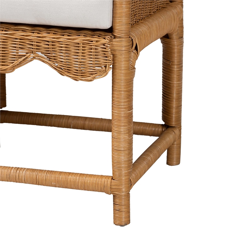 Pemberly Row Light Honey Rattan Scalloped Accent Bench with Cushion