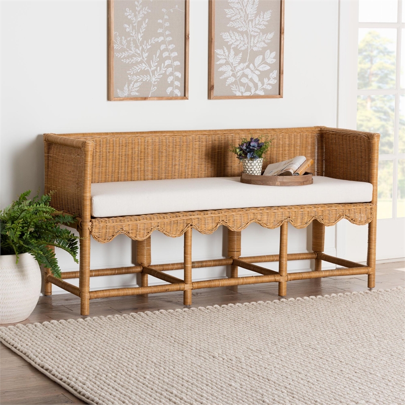 Pemberly Row Light Honey Rattan Scalloped Accent Bench with Cushion