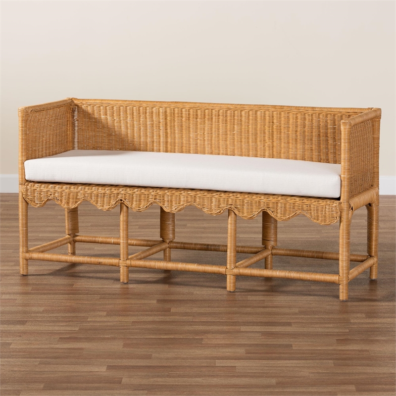 Pemberly Row Light Honey Rattan Scalloped Accent Bench with Cushion