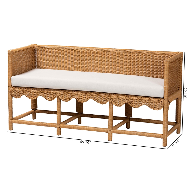 Pemberly Row Light Honey Rattan Scalloped Accent Bench with Cushion