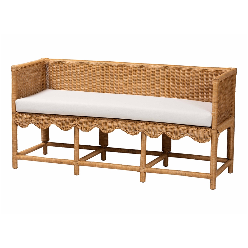 Pemberly Row Light Honey Rattan Scalloped Accent Bench with Cushion