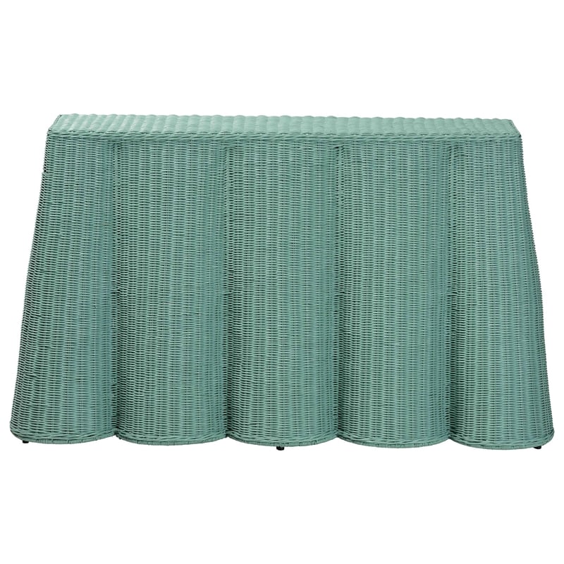 Pemberly Row Contemporary Seafoam Green Scalloped Rattan Console Table