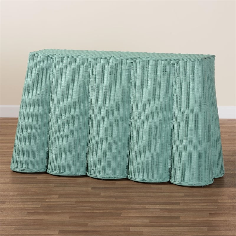 Pemberly Row Contemporary Seafoam Green Scalloped Rattan Console Table