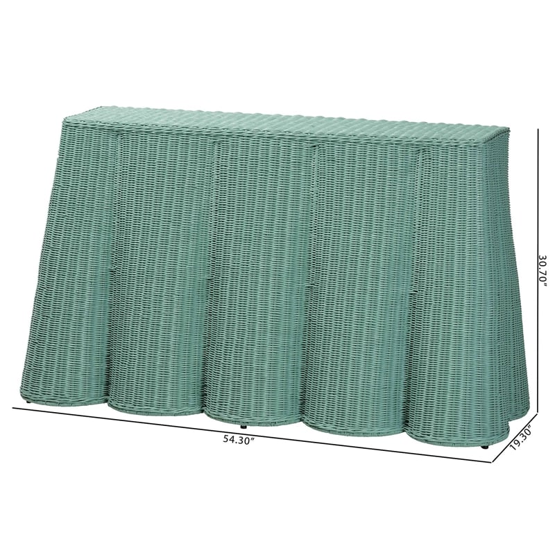 Pemberly Row Contemporary Seafoam Green Scalloped Rattan Console Table