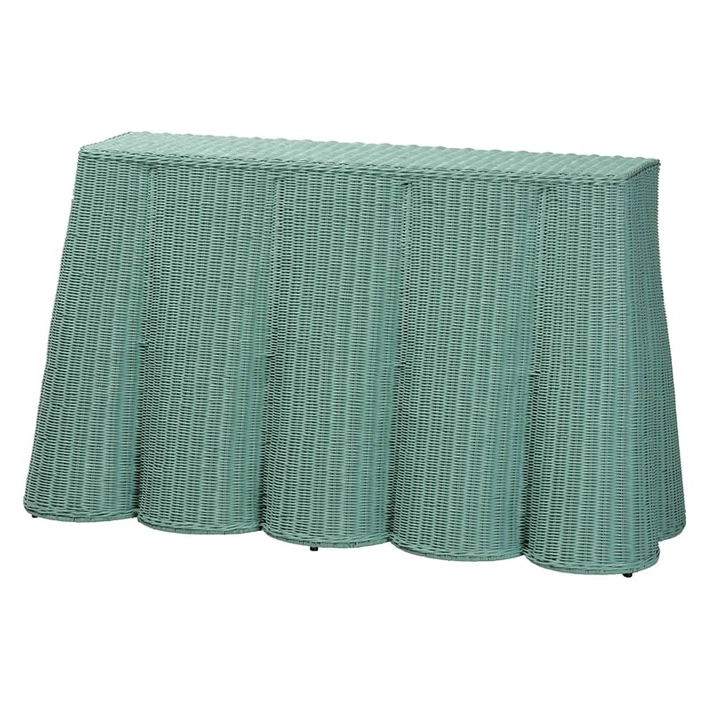 Pemberly Row Contemporary Seafoam Green Scalloped Rattan Console Table