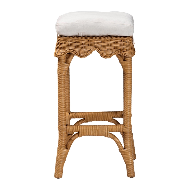 Pemberly Row Honey Rattan Scalloped Bar Stool with Cushion and Footrest