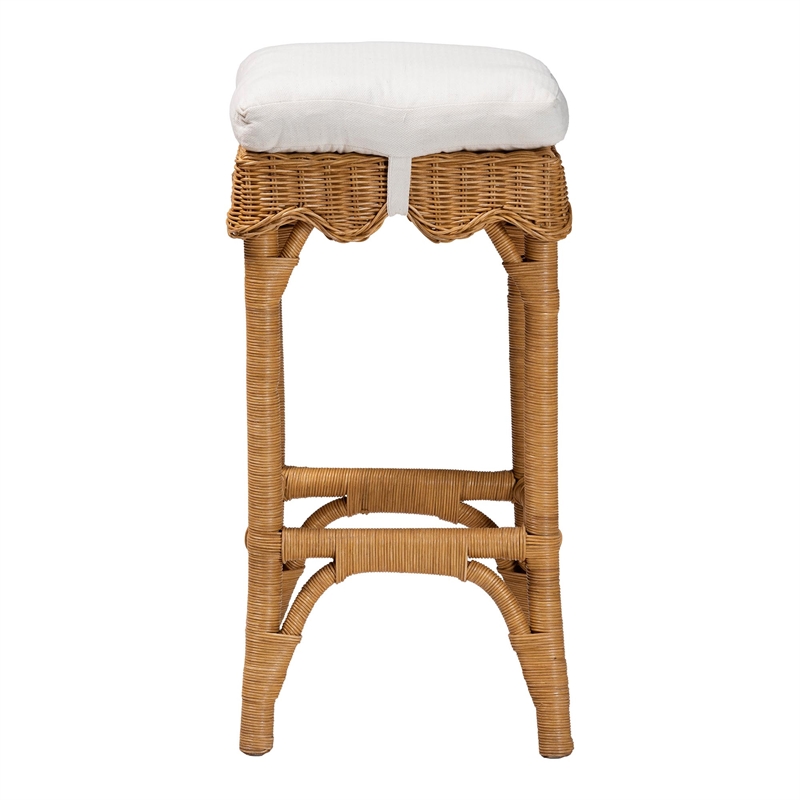 Pemberly Row Honey Rattan Scalloped Bar Stool with Cushion and Footrest